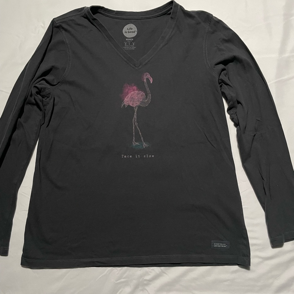 Life is Good - take it slow, flamingo long sleeve v neck | L